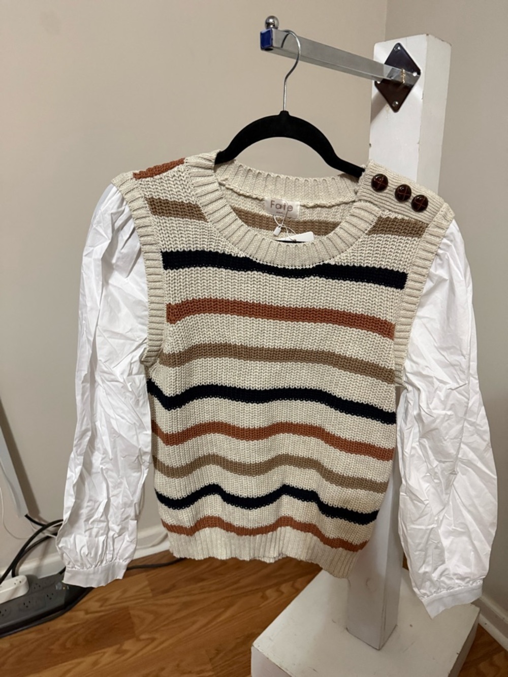 NWT Fate “Next In Line” Taupe Stripe Sweater Vest Blouse